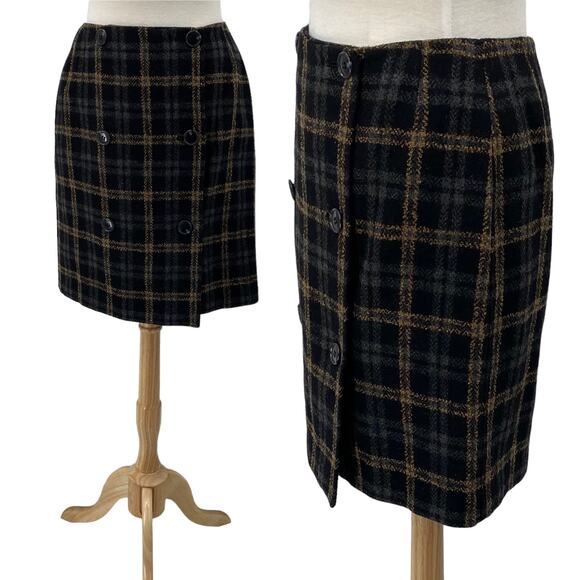 White + Warren Plaid Mini Skirt Wool Double Front Button Black Gray Tan Womens M - Picture 1 of 5